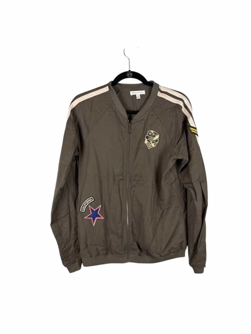 Socialite Olive Green Military Patch Bomber Jacket Size Medium